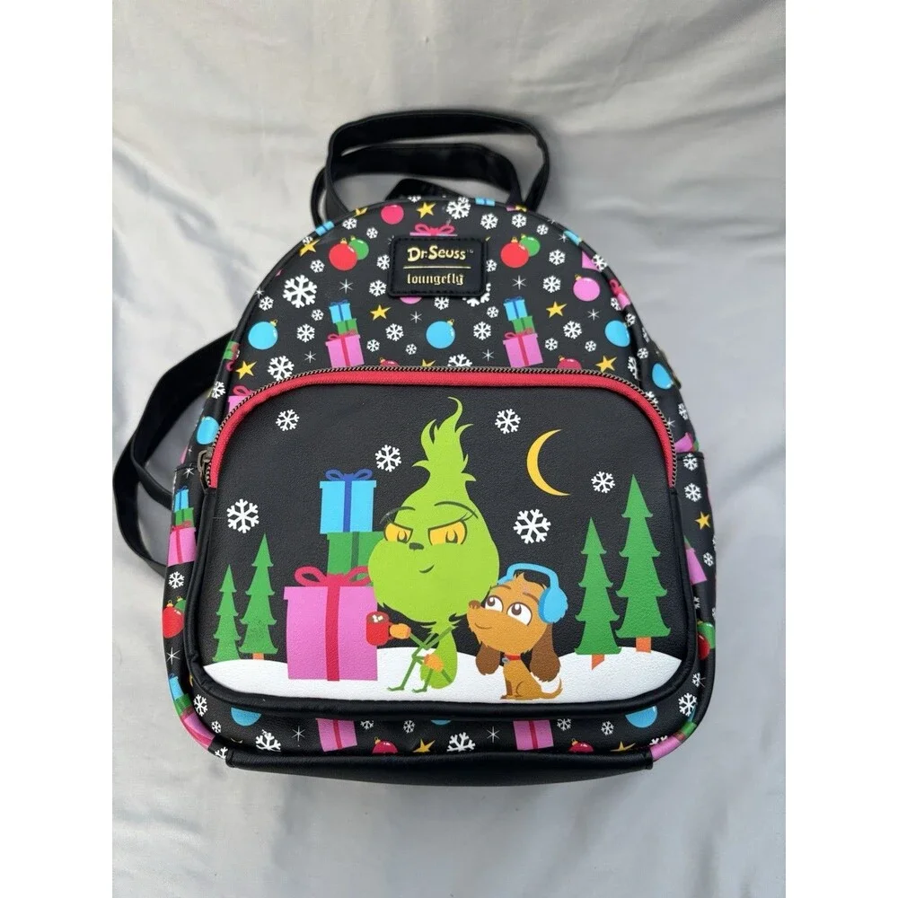 Loungefly Dr. Seuss Grinch Mini Backpack Holiday Christmas Zip Black/Multicolor